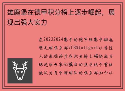 雄鹿堡在德甲积分榜上逐步崛起，展现出强大实力